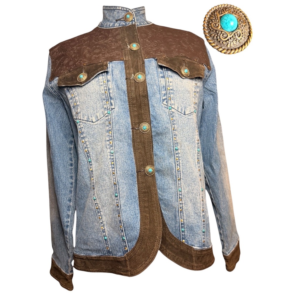 DG2 Diane Gilman Denim Jacket Pig Suede Western Concho Studded Womens Small